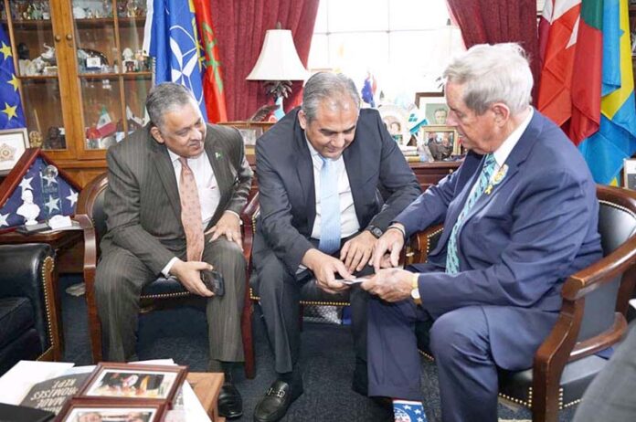 Interior Minister Mohsin Naqvi in a meeting with US Congressman Joe Wilson during his visit to the United States