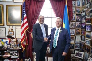 Interior Minister Mohsin Naqvi in a meeting with US Congressman Joe Wilson during his visit to the United States