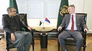 Interior Minister Mohsin Naqvi in a meeting with Russian Ambassador Albert P. Khorev.