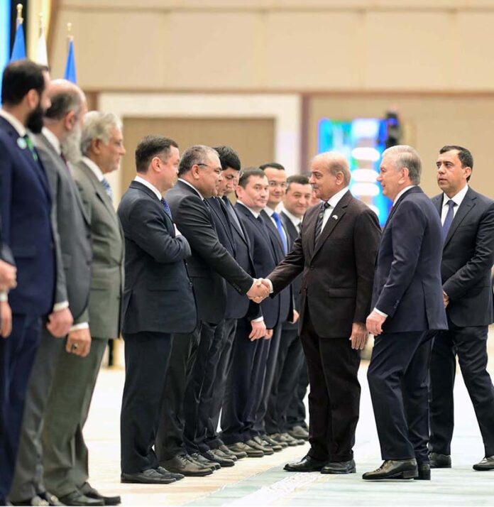 Prime Minister Muhammad Shehbaz Sharif and President of Uzbekistan H.E. Shavkat Mirziyoyev introducing their respective delegations at the official welcoming ceremony held at Congress Centre Tashkent