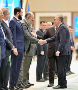 Prime Minister Muhammad Shehbaz Sharif and President of Uzbekistan H.E. Shavkat Mirziyoyev introducing their respective delegations at the official welcoming ceremony held at Congress Centre Tashkent