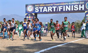 General (Retired) Ehsan Ul Haq addresses at the closing ceremony of the SAAF Cross Country Championships 2025 hosted by Islamabad Athletes Association (IAA) at Fatima Jannah Park.