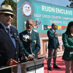 General (Retired) Ehsan Ul Haq addresses at the closing ceremony of the SAAF Cross Country Championships 2025 hosted by Islamabad Athletes Association (IAA) at Fatima Jannah Park.