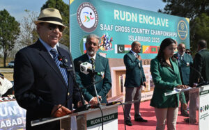 General (Retired) Ehsan Ul Haq addresses at the closing ceremony of the SAAF Cross Country Championships 2025 hosted by Islamabad Athletes Association (IAA) at Fatima Jannah Park.