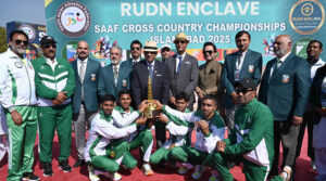 General (Retired) Ehsan Ul Haq addresses at the closing ceremony of the SAAF Cross Country Championships 2025 hosted by Islamabad Athletes Association (IAA) at Fatima Jannah Park.