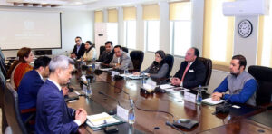 Federal Minister for Finance and Revenue, Senator Muhammad Aurangzeb, chairing a meeting with a delegation from the Multilateral Investment Guarantee Agency (MIGA) at the Finance Division.