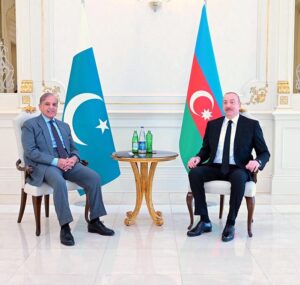 Prime Minister Muhammad Shehbaz Sharif holds one on one meeting with the President of Azerbaijan H.E. Ilham Aliyev before delegation level talks, during his two day official visit to Azerbaijan.