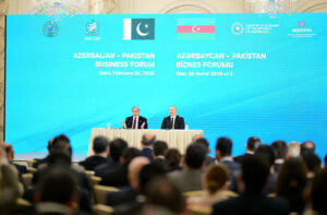 Prime Minister Muhammad Shehbaz Sharif addresses the Azerbaijan Pakistan Business Forum.