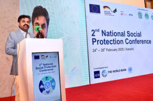 Provincial Minister for Planning and Development Syed Nasir Hussain Shah addressing the Concluding Session of 2nd National Social Protection Conference at local hotel.