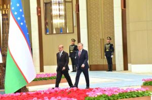 Prime Minister Muhammad Shehbaz Sharif being presented a Guard of Honor at Congress Centre Tashkent