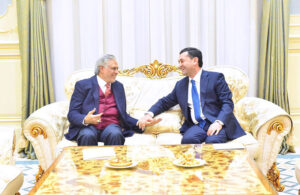 Deputy Prime Minister and Foreign Minister, Senator Mohammad Ishaq Dar in a meeting with the Foreign Minister of Uzbekistan, Bakhtiyor Saidov.