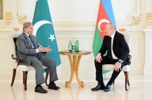 Prime Minister Muhammad Shehbaz Sharif holds one on one meeting with the President of Azerbaijan H.E. Ilham Aliyev before delegation level talks, during his two day official visit to Azerbaijan.