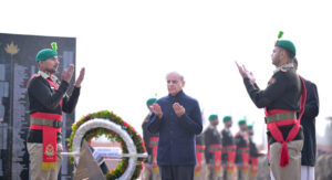 Prime Minister Muhammad Shehbaz Sharif offers Dua after laying a floral wreath at the Yadgar-e-Shuhada.