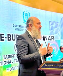 Federal Minister for Commerce Jam Kamal Khan addressing the Pre-Budget Seminar 2025-26, emphasizing industry-government collaboration for economic stability and trade policy reforms.