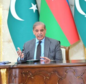 Prime Minister Muhammad Shehbaz Sharif addresses a joint press stakeout during his two day official visit to Azerbaijan.