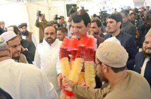 Federal Minister for Kashmir Affairs and Gilgit-Baltistan and SAFRON Amir Muqam addressing Afghan Refugees in Sindh during his visit to the Commissionerate Afghan Refugees Sindh.