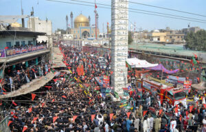 A large number of devotees attending the 773rd Urs celebration of Hazrat Lal Shahbaz Qalandar at his shrine.