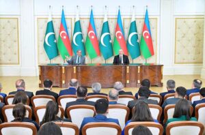 Prime Minister Muhammad Shehbaz Sharif addresses a joint press stakeout during his two day official visit to Azerbaijan.