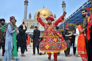 A large number of devotees attending the 773rd Urs celebration of Hazrat Lal Shahbaz Qalandar at his shrine.