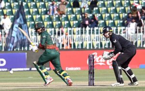 Bangladesh's Towhid Hridoy in action as he plays a shot during the ICC Champions Trophy match against New Zealand at Rawalpindi Cricket Stadium in twin cities.