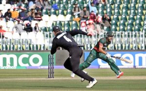 Bangladesh's Towhid Hridoy in action as he plays a shot during the ICC Champions Trophy match against New Zealand at Rawalpindi Cricket Stadium in twin cities.