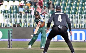 Bangladesh’s Jaker Ali Anik plays a beautiful shot during the ICC Champions Trophy cricket match against New Zealand at Rawalpindi Cricket Stadium in twin cities.