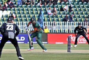 Bangladesh's Towhid Hridoy in action as he plays a shot during the ICC Champions Trophy match against New Zealand at Rawalpindi Cricket Stadium in twin cities.