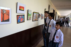 Students busy on drawing competition during Art & Spring festival at public school.