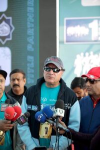 Federal Minister for Finance and Revenue, Senator Muhammad Aurangzeb, addresses the audience at the 1st Faysal Bank SOP Unified Marathon Lahore, 2025, highlighting the importance of inclusivity and support for athletes with special needs.