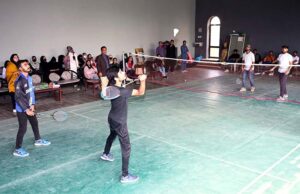 Students of Chandka Institute of Nursing & Allied Health Sciences in action during Badminton Championship in Annual Sports Day 2025 at Officer Club.