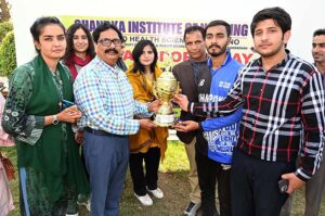 Students of Chandka Institute of Nursing & Allied Health Sciences in action during Badminton Championship in Annual Sports Day 2025 at Officer Club.