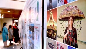 Chairperson of the Peace and Culture Organisation, Ms. Mushaal Hussein Mullick and Ambassador of Palestine in Pakistan, H.E. Dr. Zuhair Zaidi talking to media persons during the photo exhibition titled "Palestine was, and will remain" at PNCA.