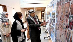 Chairperson of the Peace and Culture Organisation, Ms. Mushaal Hussein Mullick and Ambassador of Palestine in Pakistan, H.E. Dr. Zuhair Zaidi talking to media persons during the photo exhibition titled "Palestine was, and will remain" at PNCA.