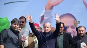 February 22 – Prime Minister Muhammad Shehbaz Sharif waving at the people, who came to attend the public gathering.