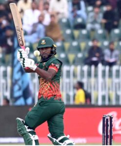 Bangladesh’s Jaker Ali Anik plays a beautiful shot during the ICC Champions Trophy cricket match against New Zealand at Rawalpindi Cricket Stadium in twin cities.