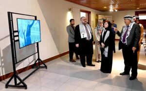 Chairperson of the Peace and Culture Organisation, Ms. Mushaal Hussein Mullick and Ambassador of Palestine in Pakistan, H.E. Dr. Zuhair Zaidi talking to media persons during the photo exhibition titled "Palestine was, and will remain" at PNCA.