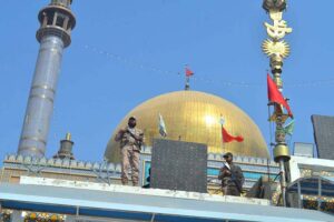 Security alert on the roof top of Hazrat Lal Shahbaz Qalandar shrine during last day of 773rd Urs celebration.