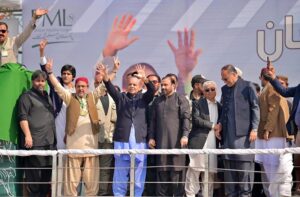 February 22 – Prime Minister Muhammad Shehbaz Sharif waving at the people, who came to attend the public gathering.