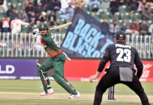 Bangladesh’s Jaker Ali Anik plays a beautiful shot during the ICC Champions Trophy cricket match against New Zealand at Rawalpindi Cricket Stadium in twin cities.