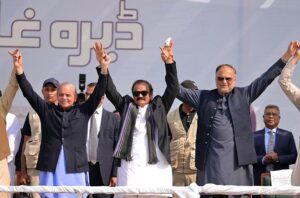 February 22 – Prime Minister Muhammad Shehbaz Sharif waving at the people, who came to attend the public gathering.