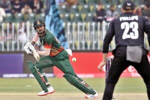 Bangladesh’s Jaker Ali Anik plays a beautiful shot during the ICC Champions Trophy cricket match against New Zealand at Rawalpindi Cricket Stadium in twin cities.