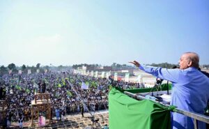 Prime Minister Muhammad Shehbaz Sharif addresses a public gathering in Dera Ghazi Khan.