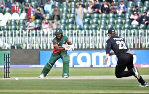 Bangladesh’s Jaker Ali Anik plays a beautiful shot during the ICC Champions Trophy cricket match against New Zealand at Rawalpindi Cricket Stadium in twin cities.