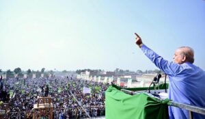 Prime Minister Muhammad Shehbaz Sharif addresses a public gathering in Dera Ghazi Khan.