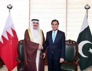 Speaker National Assembly Sardar Ayaz Sadiq welcoming Speaker of the Council of Representatives of Bahrain Dr. Ahmed bin Salman Al-Musalam at Parliament House.