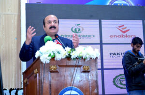 Chairman Prime Minister’s Youth Programme Rana Mashhood Ahmed Khan adressing to the Future Synergy Tech and Entrepreneurship Summit 2025 , at GC women University.