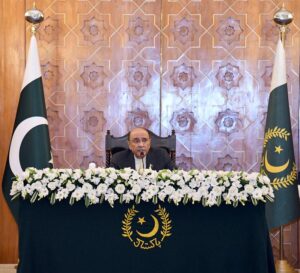 President Asif Ali Zardari addressing the participants of the 5th International Workshop for Leadership & Stability organized by the National Defence University (NDU), at Aiwan-e-Sadr.