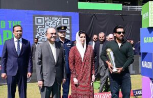 President Asif Ali Zardari, First Lady/MNA Aseefa Bhutto Zardari, and Former Captain of the Pakistan Cricket Team Sarfraz Ahmad arriving with the Champions Trophy, at the National Stadium.