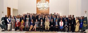 President Asif Ali Zardari in a group photo with the participants of the 5th International Workshop for Leadership & Stability organized by the National Defence University (NDU), at Aiwan-e-Sadr.