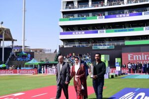 President Asif Ali Zardari, First Lady/MNA Aseefa Bhutto Zardari, and Former Captain of the Pakistan Cricket Team Sarfraz Ahmad arriving with the Champions Trophy, at the National Stadium.